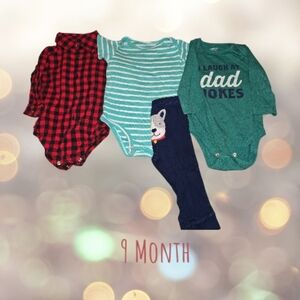 Carter's Jumping Beans Baby Boy 4pc Bundle 9M: Plaid, Dad Jokes & Dog Outfit